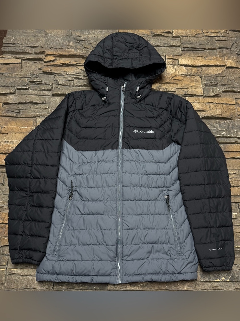 Columbia Omni-Heat Hooded Puffer Jacket Mens Small Insulated Black Gray Full Zip